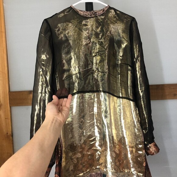 ETRO Metallic Silk Patterned Print Long Sleeve Side Slit Tunic Blouse Sz 44 ITA - Picture 12 of 16
